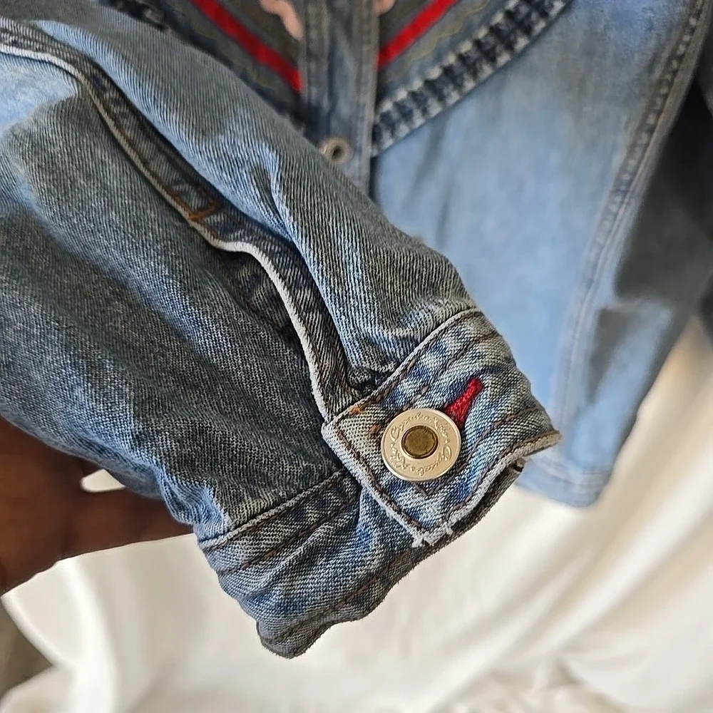 Crystal Kobe Denim Jacket With Fabric & Beaded Heart Designs Button-Up Size S‎